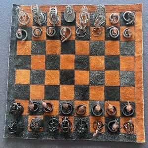Vintage handmade suede and wire chess set